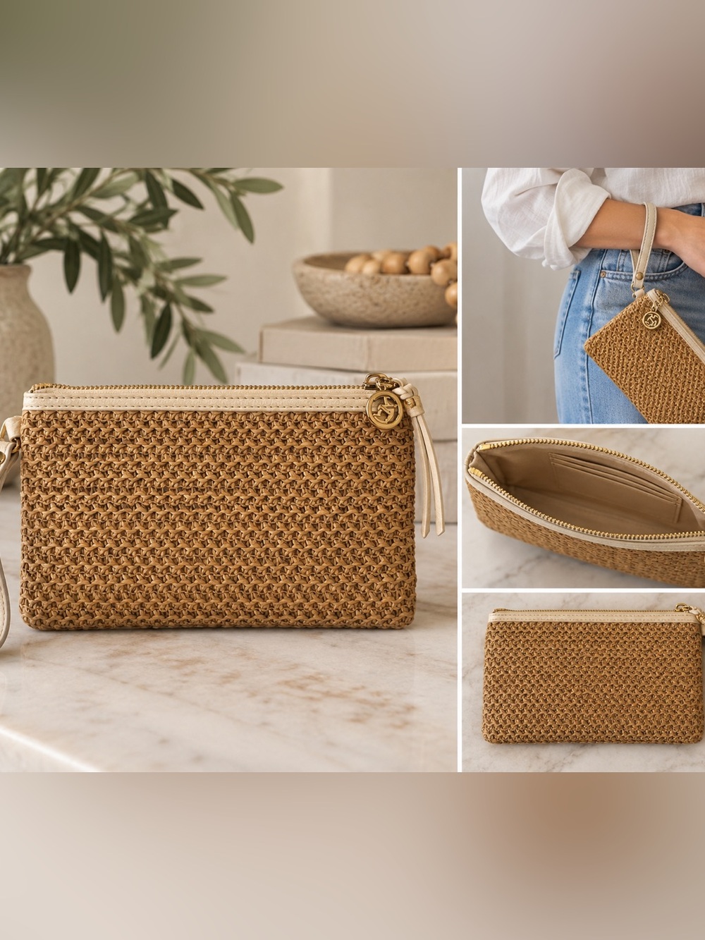 Anne Klein Woven Straw Wristlet Clutch Tan & Cream